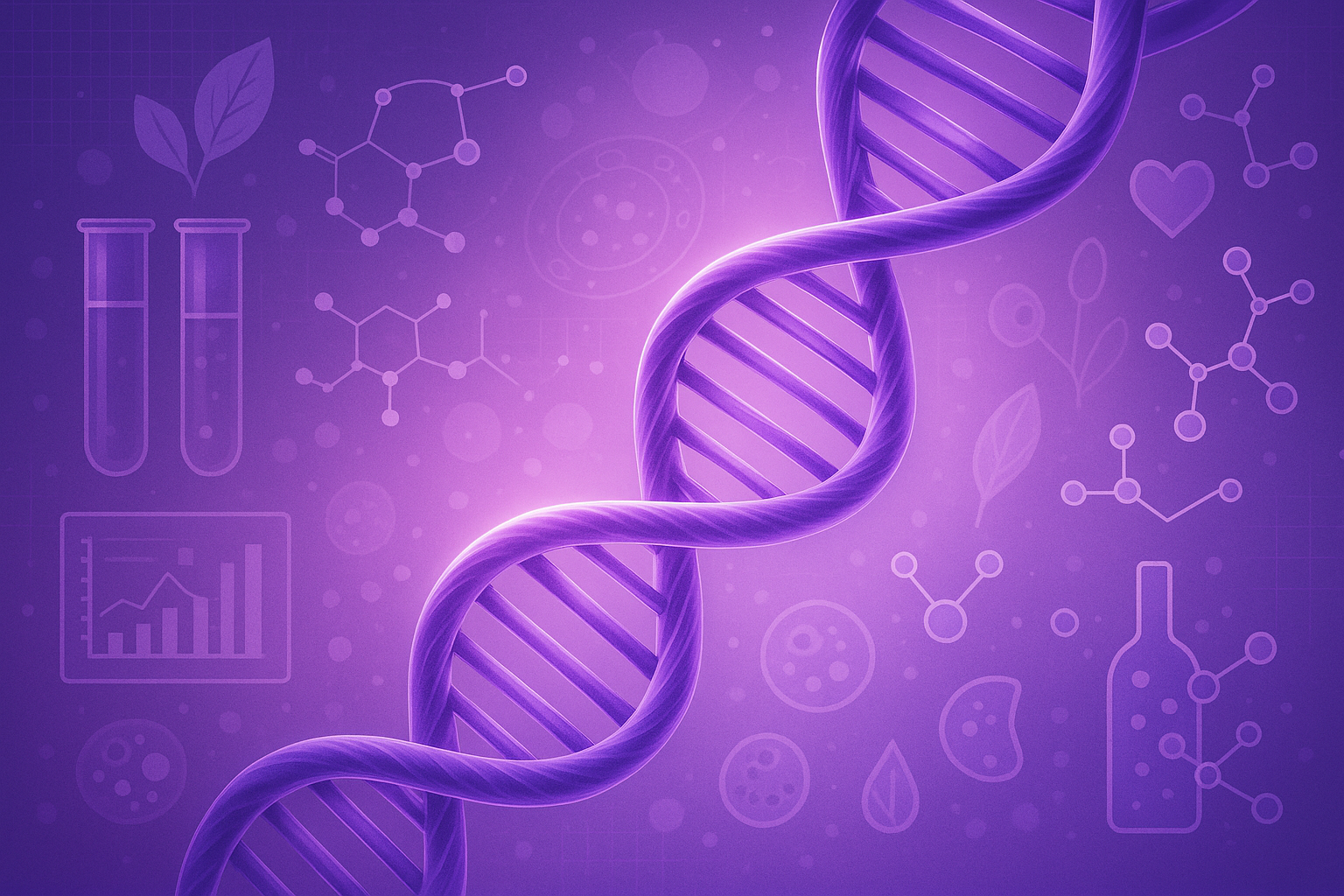ALUSIVO A ADN, PRUEBAS GENETICAS Y EPIGENETICAS, SALUD, BELLEZA Y BIENESTAR CON CADENAS DE ADN Y COLOR MORADO 